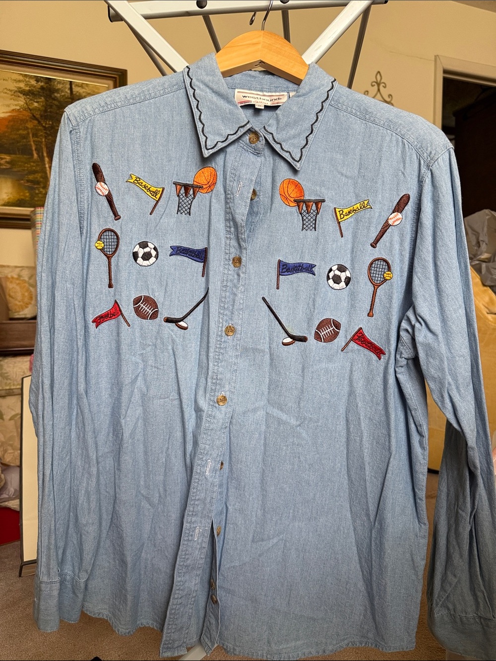 Westbound Light Blue Denim Button-Front Shirt with Sports Embroidery